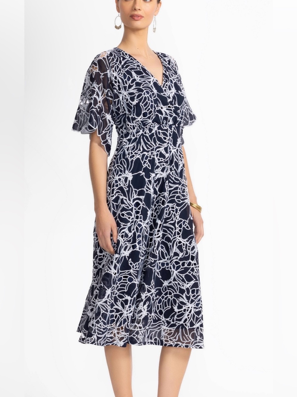 Johnny Was Navy and White Floral Lace Midi Dress